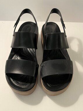 Crocs LiteRide Brooklyn Low Wedge Black Strappy Platform Sandals Women's Size 10